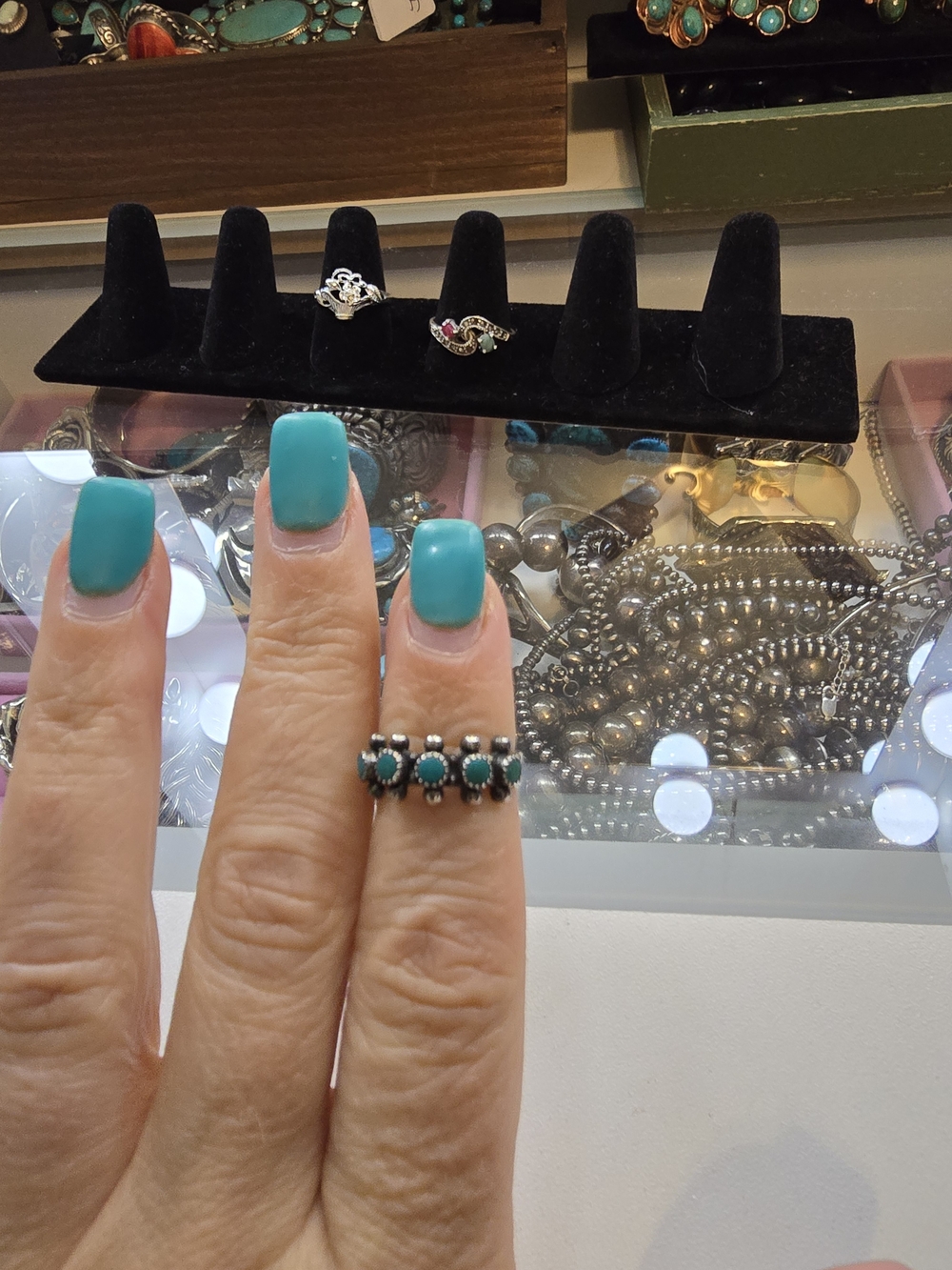 Malachite Stone Sterling Silver Midi Ring - Sz 4 Vintage